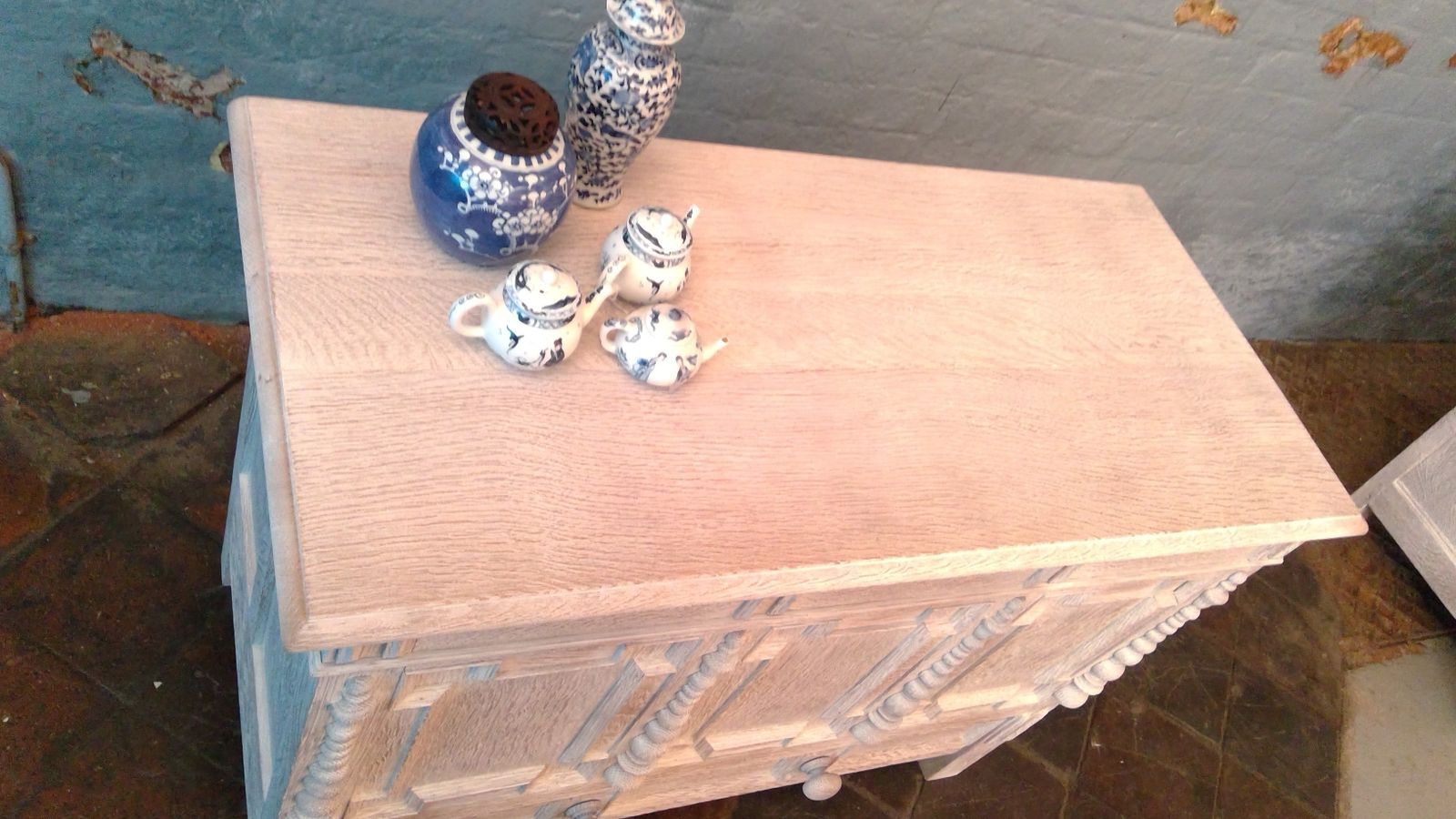 photo furniture Antique Mock Jacobean Style Limed Oak Mule Chest With Lift Up Top