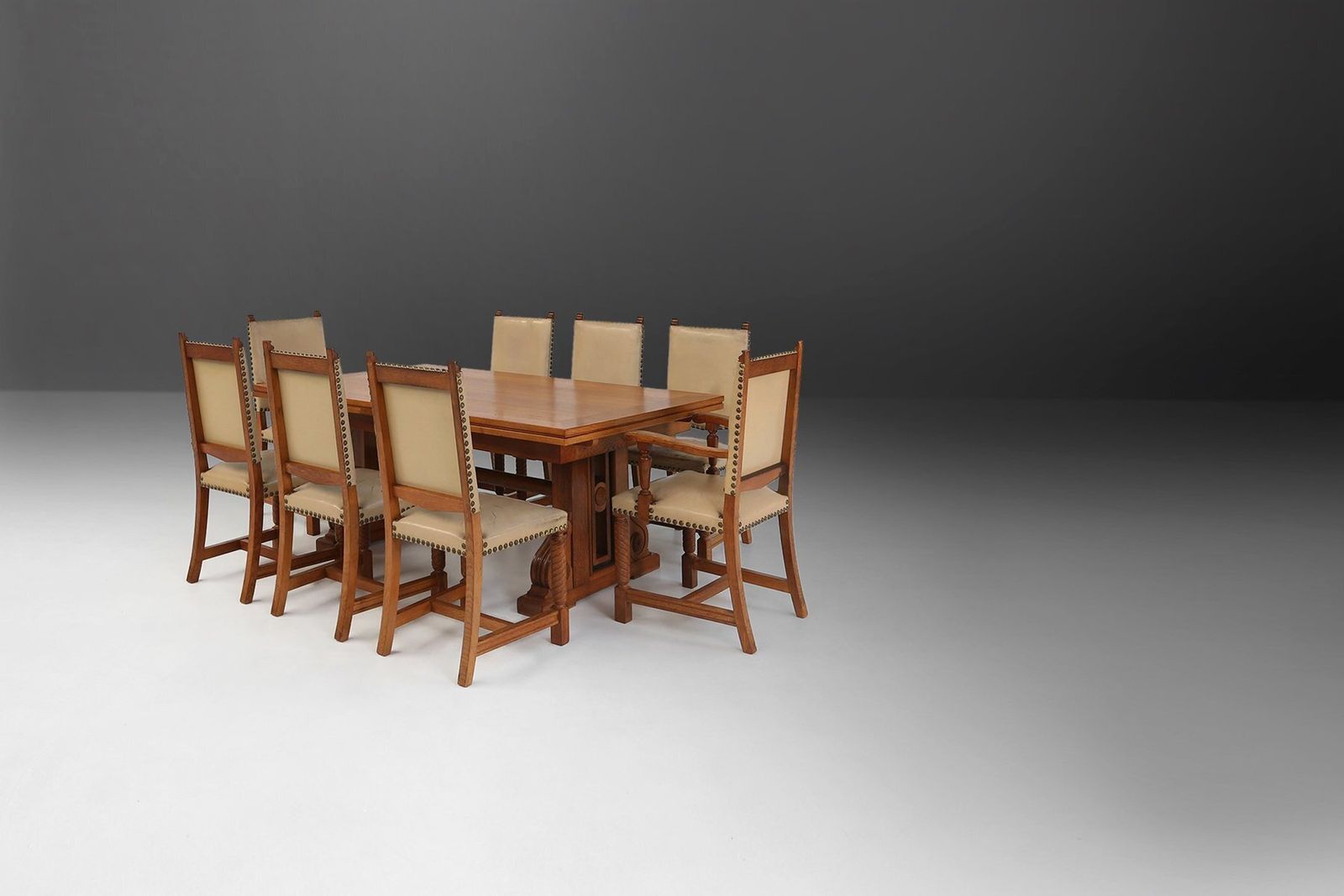 Art Deco Dining Room Charis In Oak And Leather, 1940s, Set Of 8 photo vintage