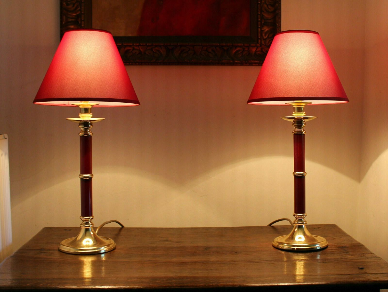 Attractive Pair Of Vintage Brass And Burgundy Column Lamps With Matching Lampshades. photo Lighting