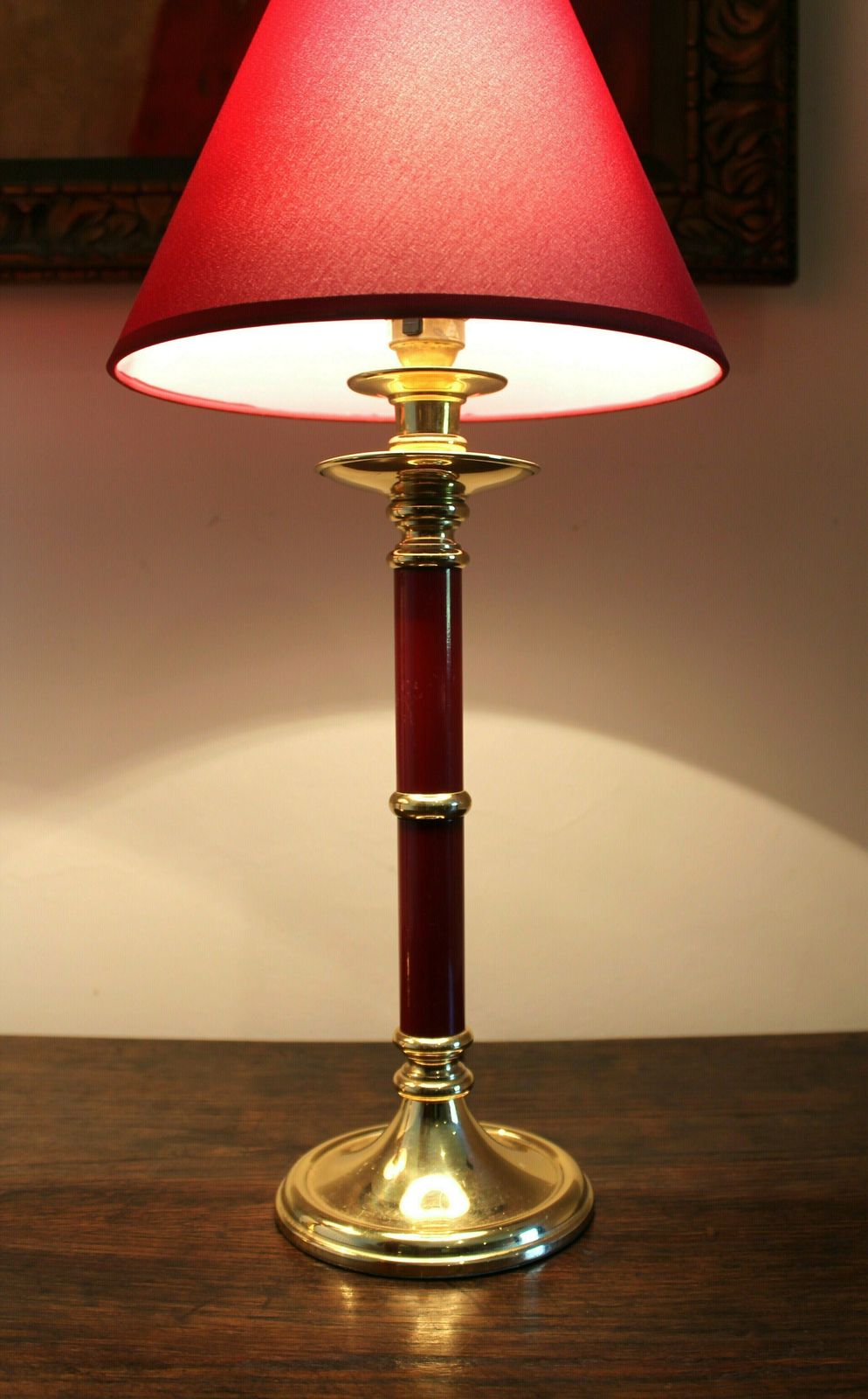 Attractive Pair Of Vintage Brass And Burgundy Column Lamps With Matching Lampshades. photo vinterior