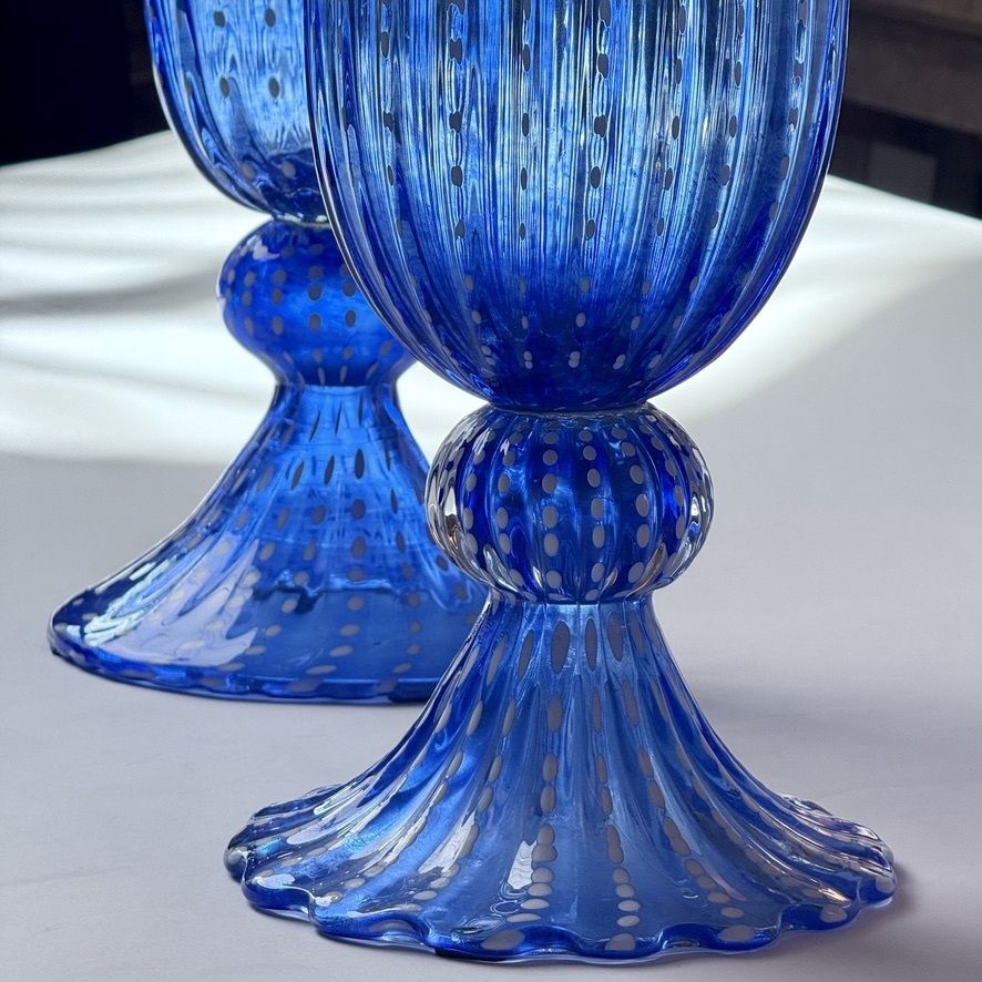 Mid Century Modern Pair Of Tall Blue Ribbed Murano Glass Vases photo furniture