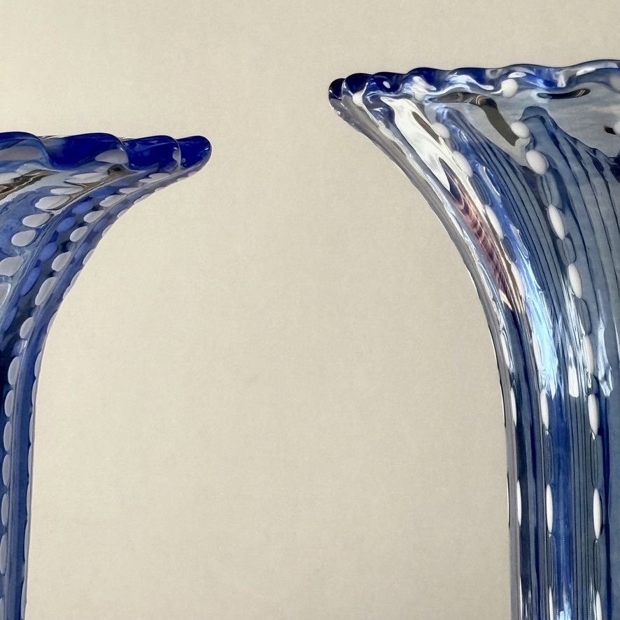 Mid Century Modern Pair Of Tall Blue Ribbed Murano Glass Vases photo 4000.0