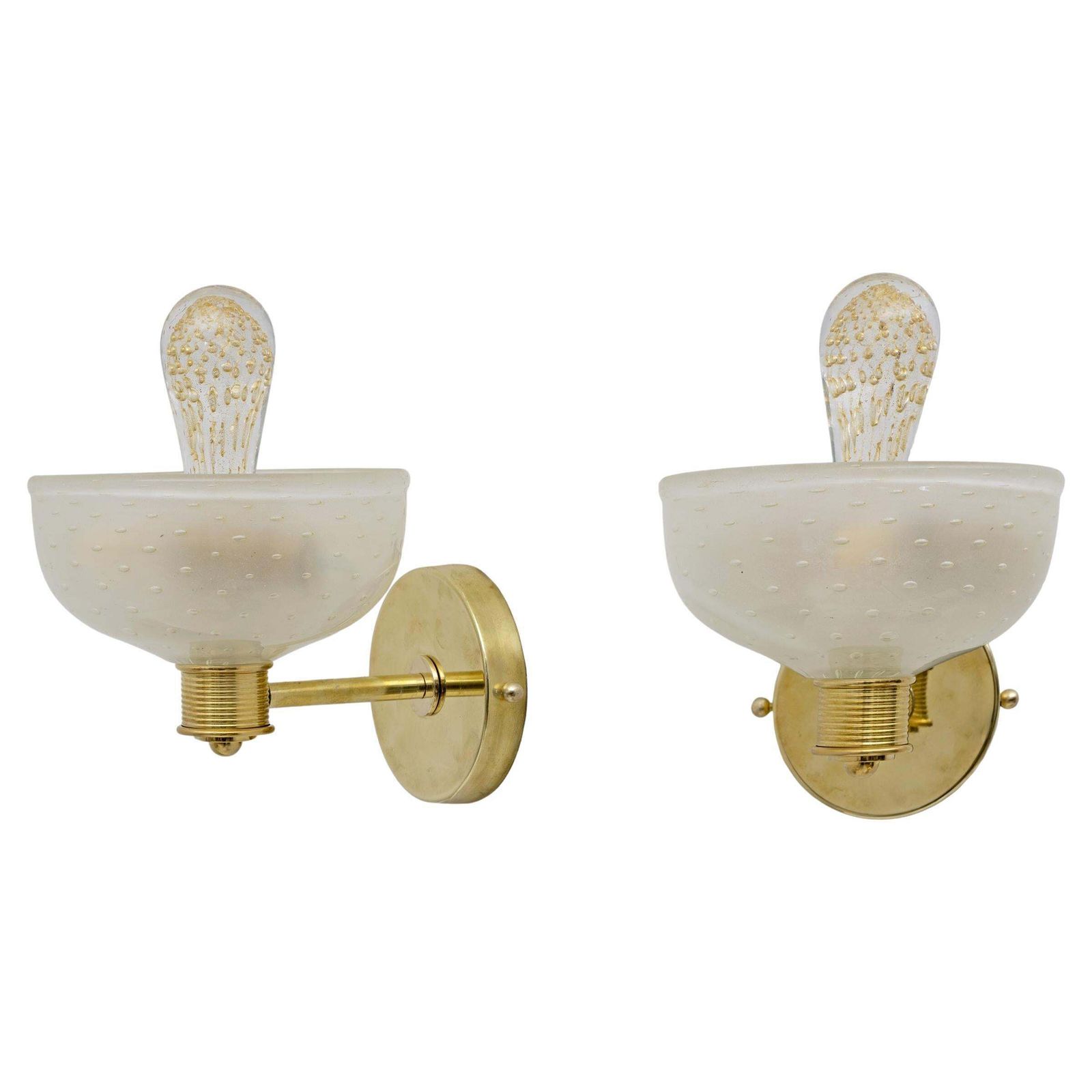 Attributed To Barovier & Toso Brass And Pulegoso Murano Glass Sconces, Pair