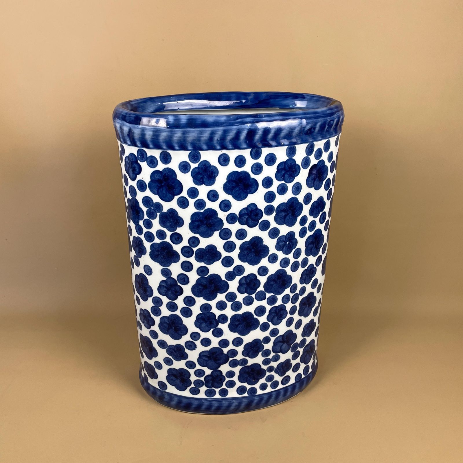 Large Vintage Blue & White Porcelain Umbrella Stand Vase With Hand Painted Blossom Floral Pattern Oriental Chinoiserie Style Oval Top