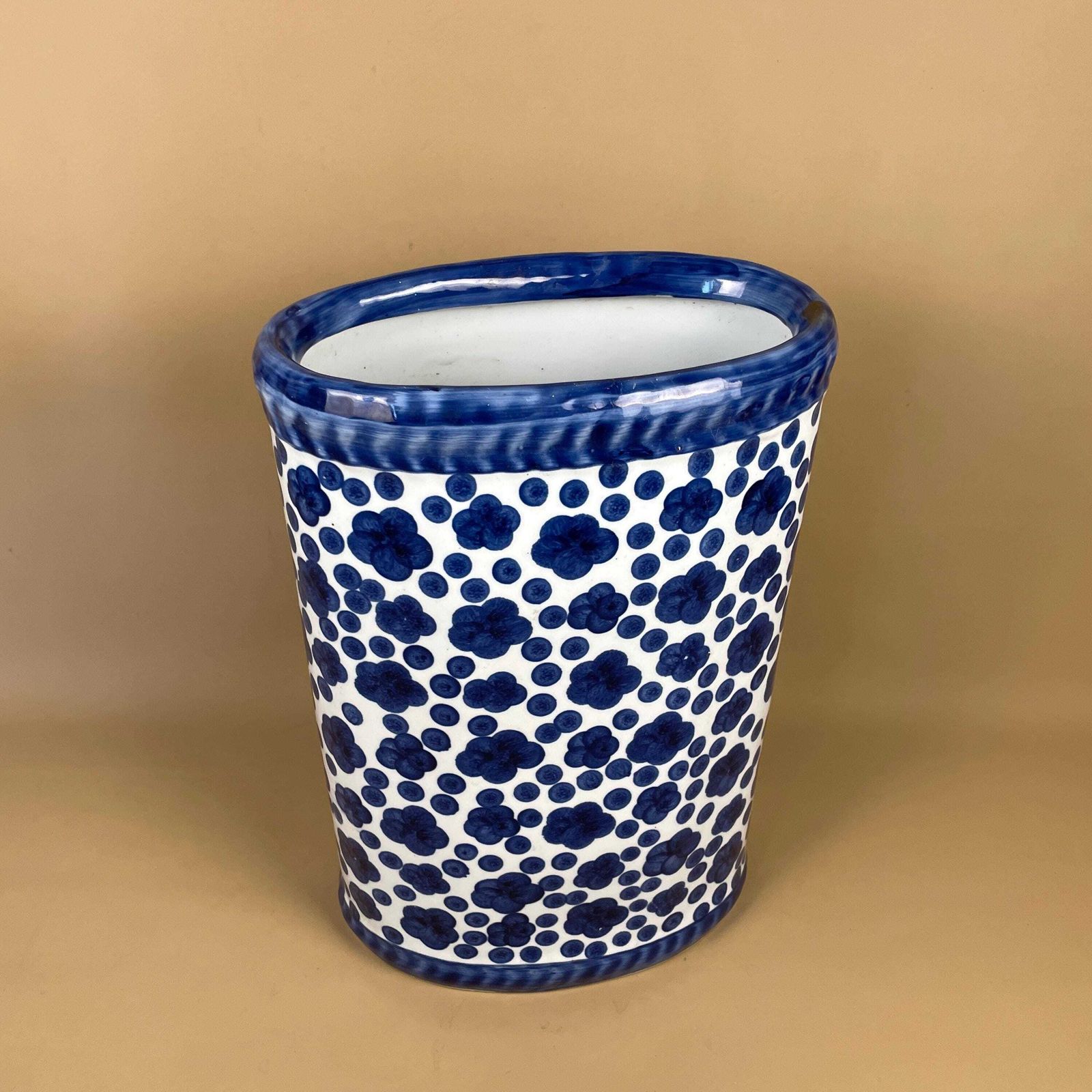 Large Vintage Blue & White Porcelain Umbrella Stand Vase With Hand Painted Blossom Floral Pattern Oriental Chinoiserie Style Oval Top photo for sale