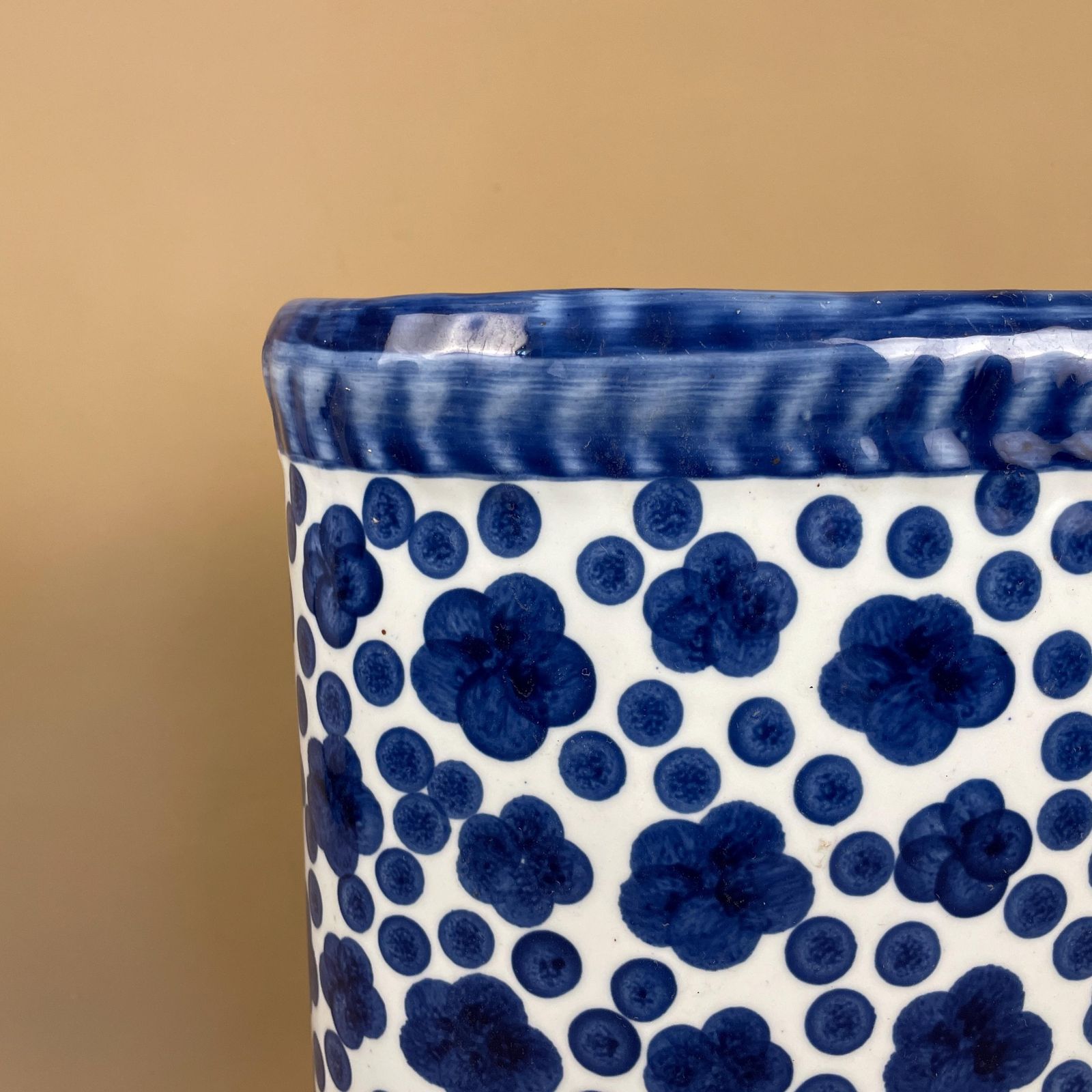 Large Vintage Blue & White Porcelain Umbrella Stand Vase With Hand Painted Blossom Floral Pattern Oriental Chinoiserie Style Oval Top photo Home Decor