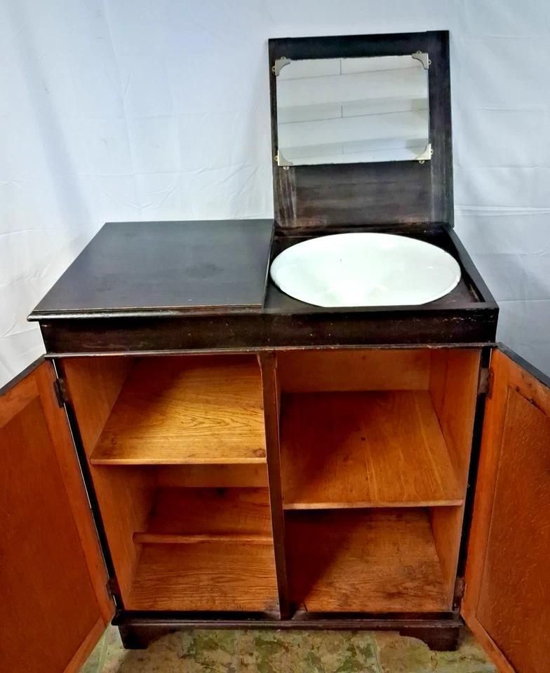 Antique Washstand With Enamelled Bowl & Lift Top Mirror photo vinterior