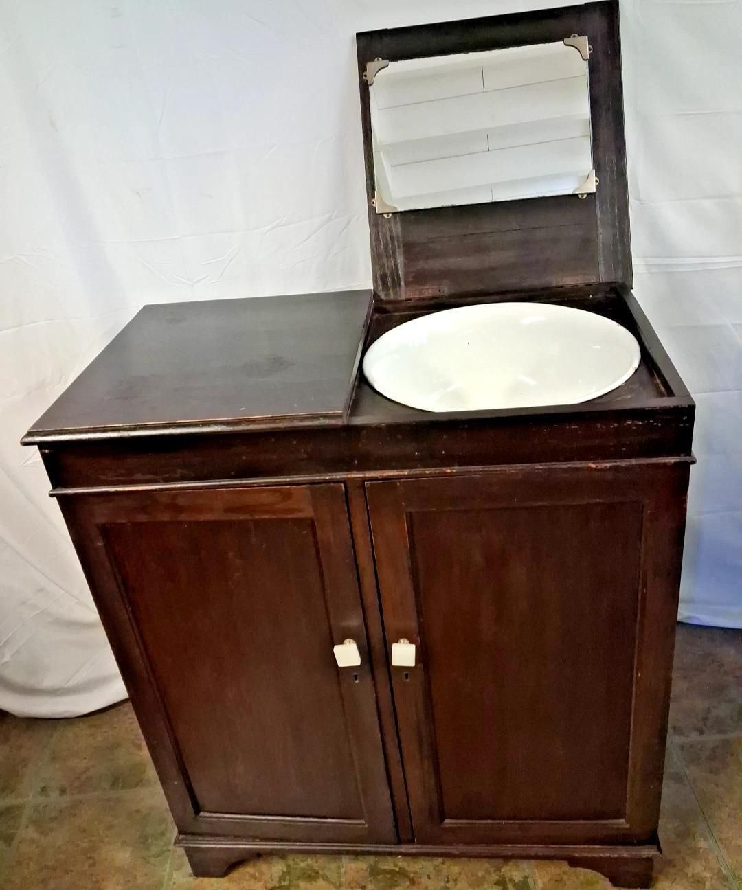 Antique Washstand With Enamelled Bowl & Lift Top Mirror photo vintage