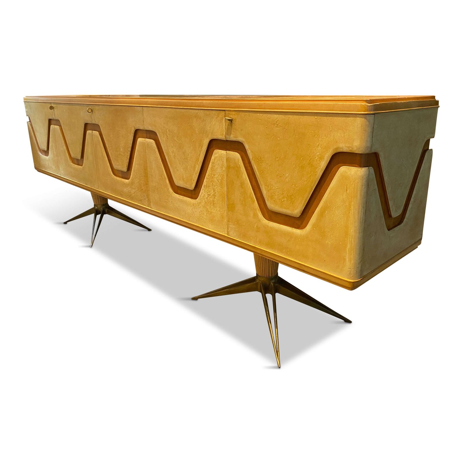 Italian Midcentury Parchment And Walnut Sideboard With Brass Legs 1940s   Aldo Tura photo furniture