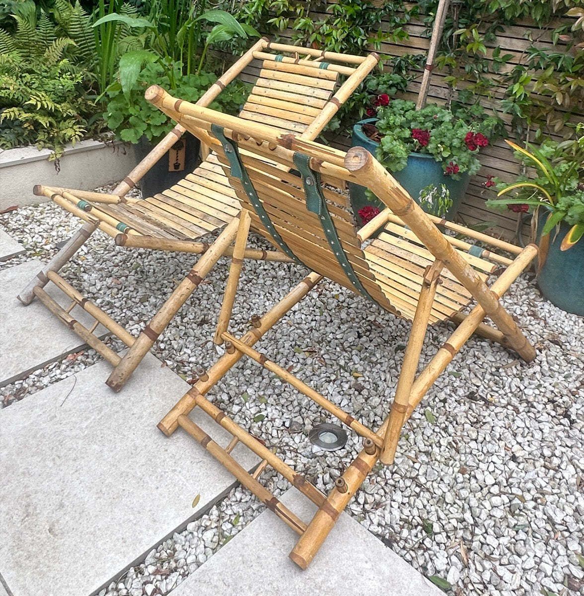 Pair Of 1980s Rustic Italian Golden Bamboo Deck Chairs Or Sun Loungers photo vintage
