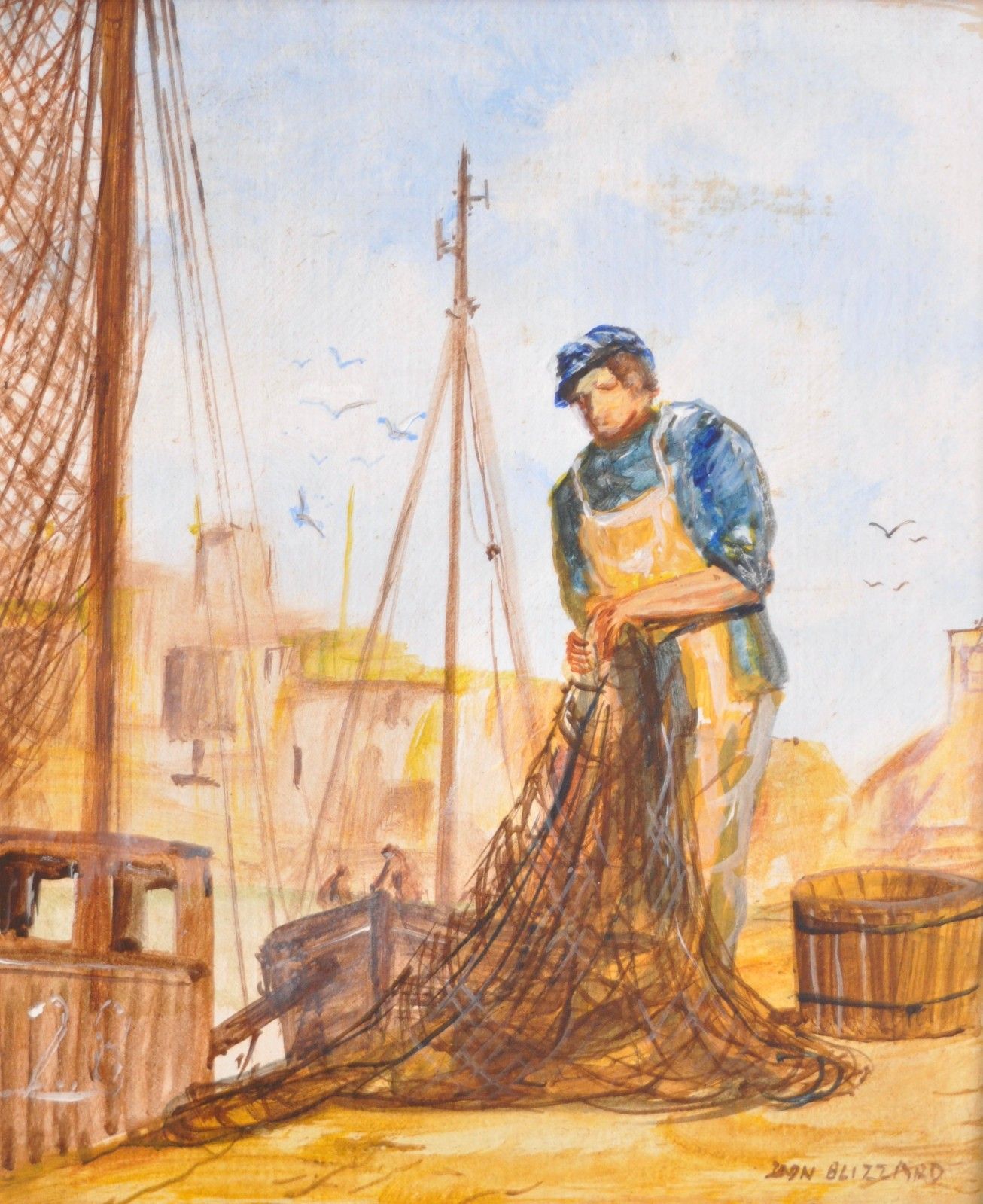 Don Blizzard (XX  ) Two Nostaligic Cornish Fishing Scenes, Oil Paintings, Signed photo furniture