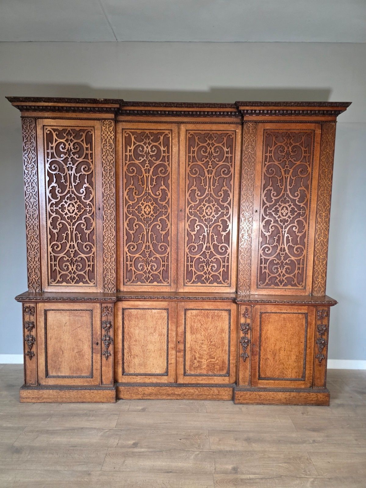 Antique Country House Pollard Oak Inverted Breakfront Bookcase 1860s photo furniture