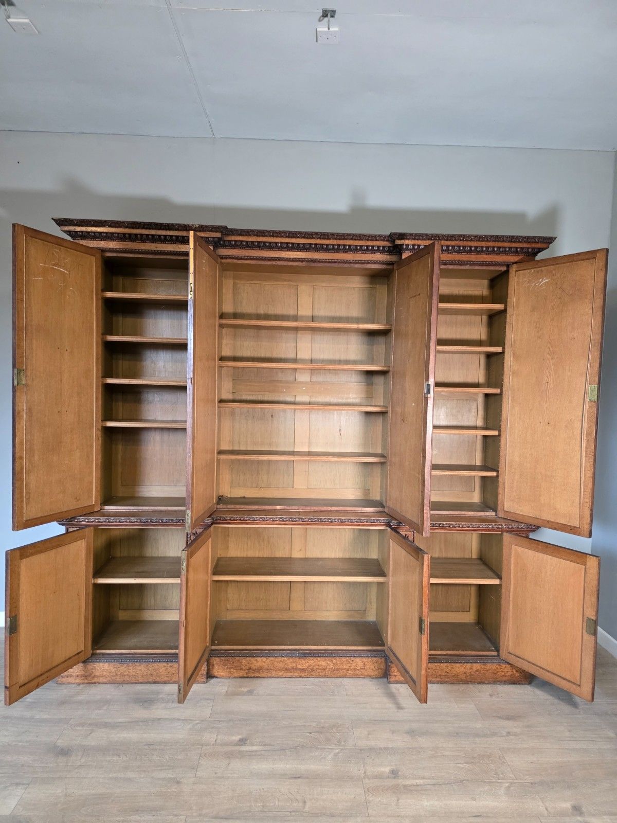 Antique Country House Pollard Oak Inverted Breakfront Bookcase 1860s photo vintage