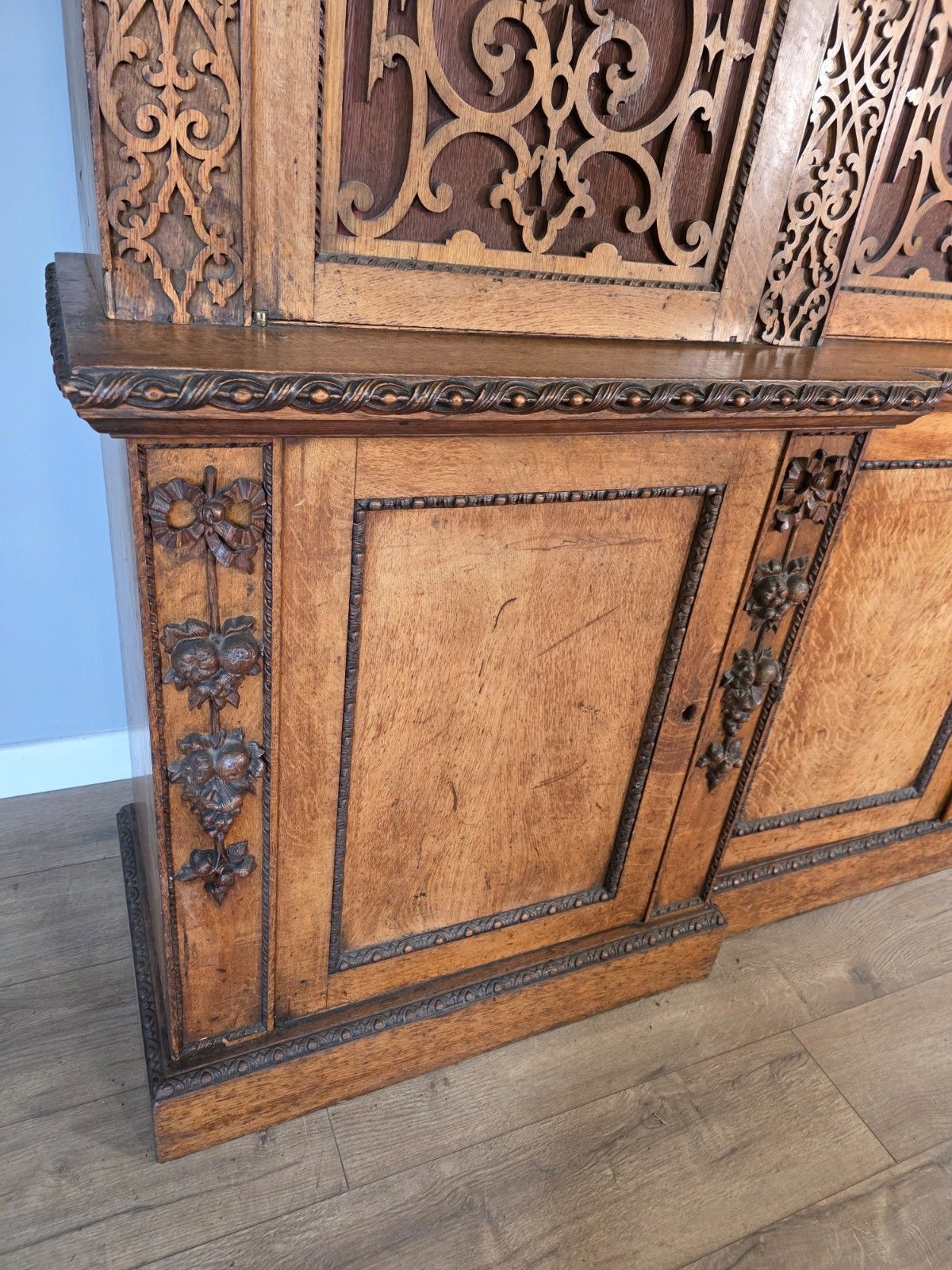 photo buy Antique Country House Pollard Oak Inverted Breakfront Bookcase 1860s