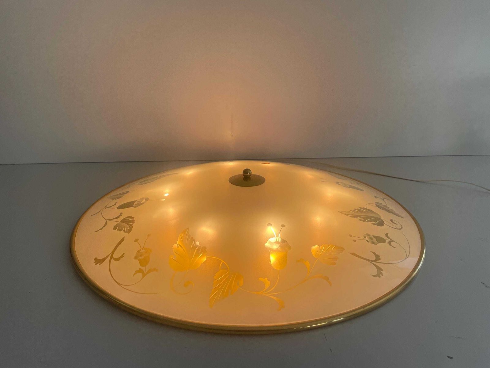 Mid Century Brass And Flower Motifs Print Glass Xxl Cinema Flush Mount Light By Brevettato, 1950s, Italy photo for sale