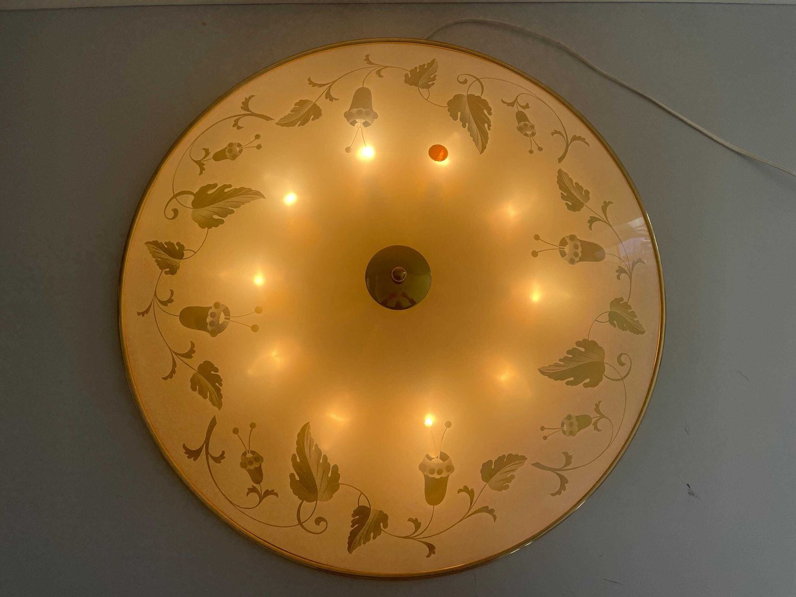 Mid Century Brass And Flower Motifs Print Glass Xxl Cinema Flush Mount Light By Brevettato, 1950s, Italy photo 3883.0