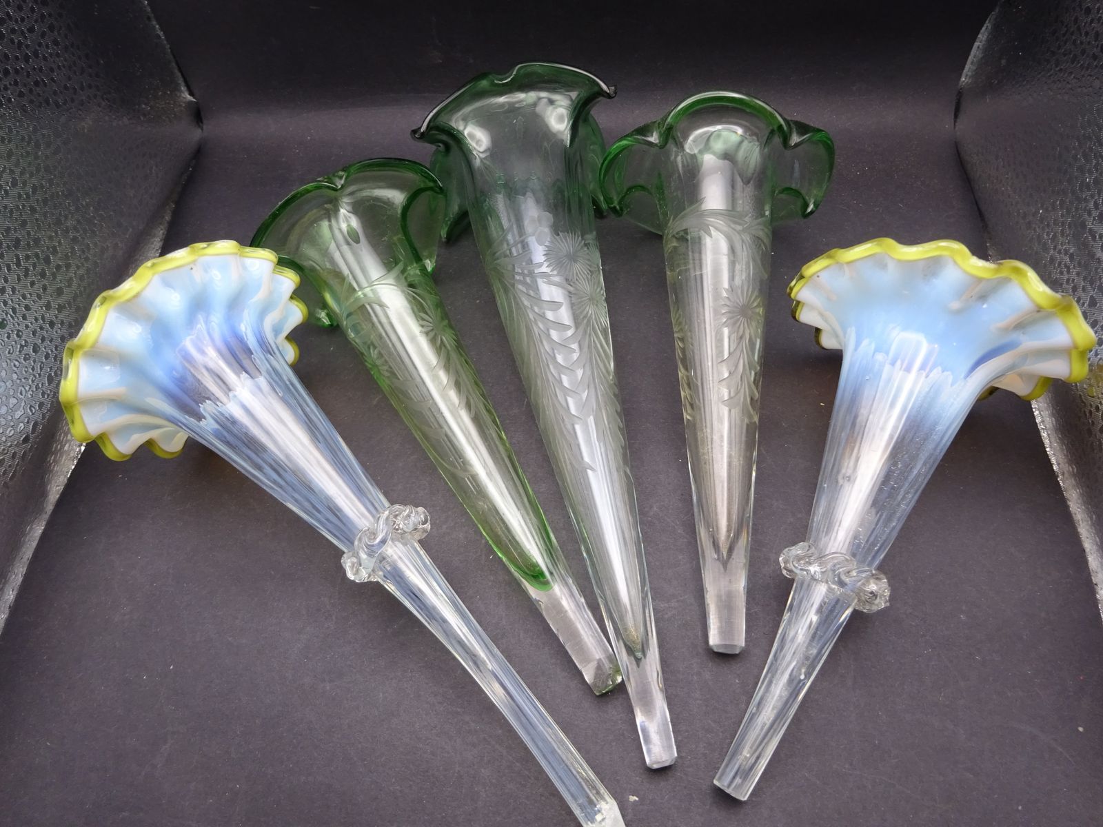 5 Victorian Green And Opalescent Fluted Glass Epergne Pieces (Amended Listing)