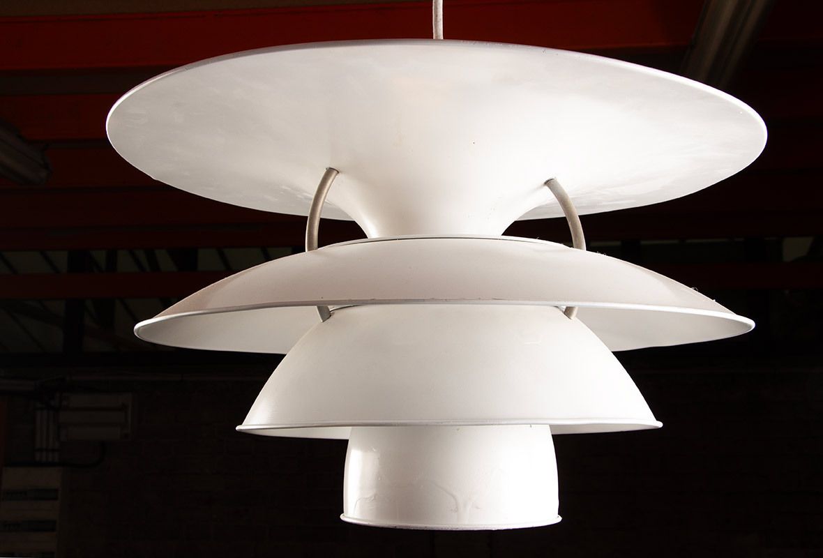 photo for sale Suspension danoise en métal brossé, modèle PH 6 ½ 6v dite « Charlottenborg », par Poul Henningsen pour Louis Poulsen.