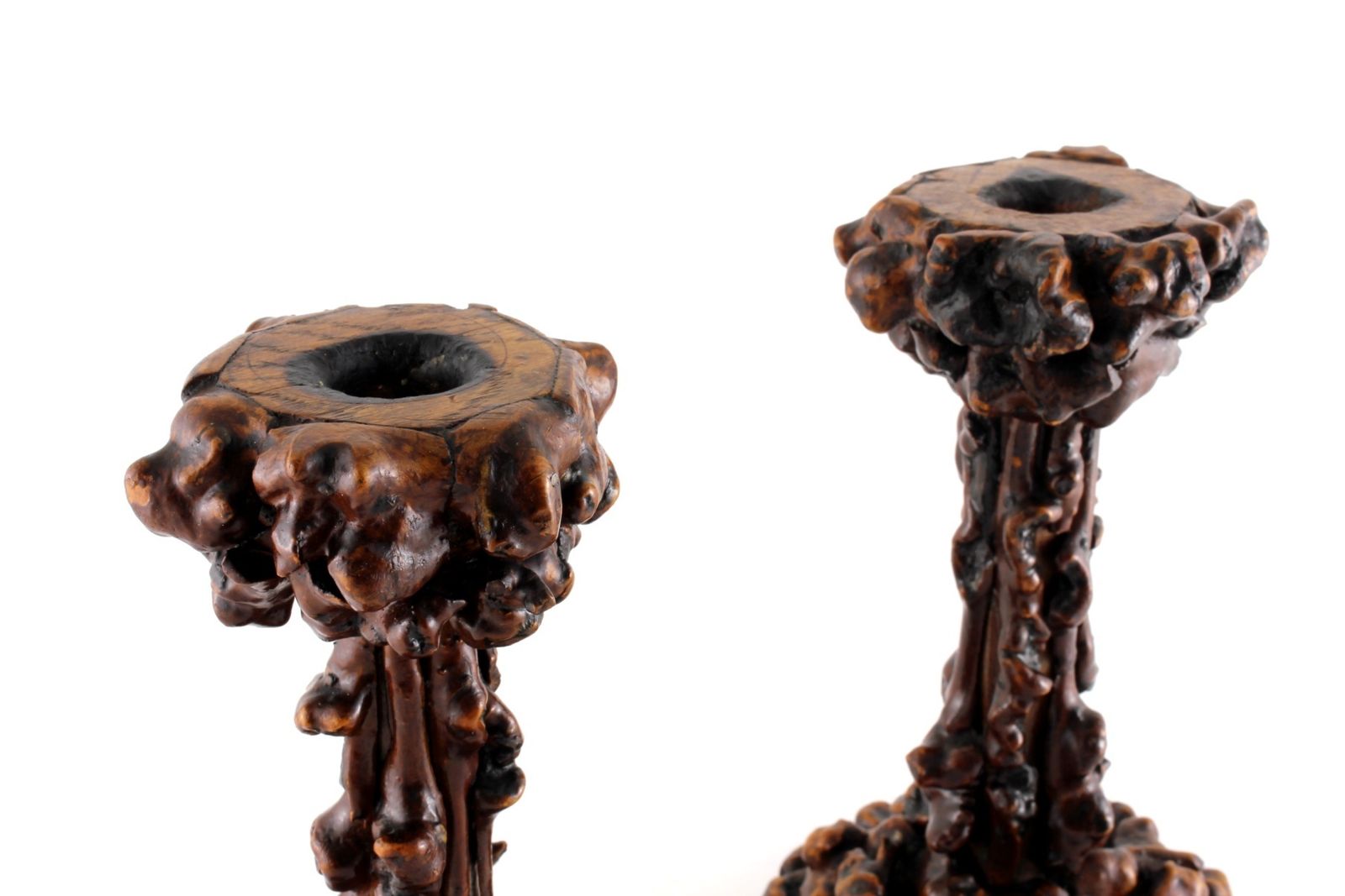 Pair Antique Rootwood Candlesticks. Folk Art Black Forest Candle Stand. photo buy