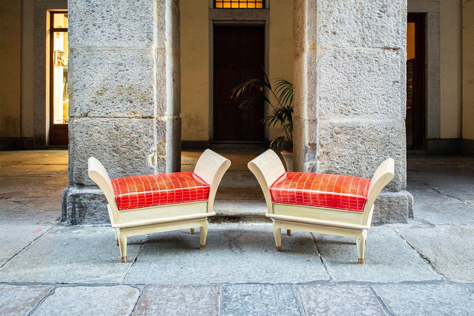Art Deco Stools In Wood, Brass And Leather, Italy, 1930s, Set Of 2