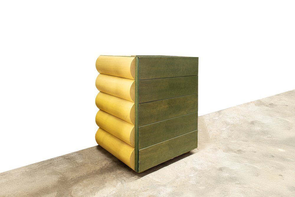Postmodern Architectural Chest Of Drawers In Natural Wood And Aniline Stained Wood, 1980s photo buy