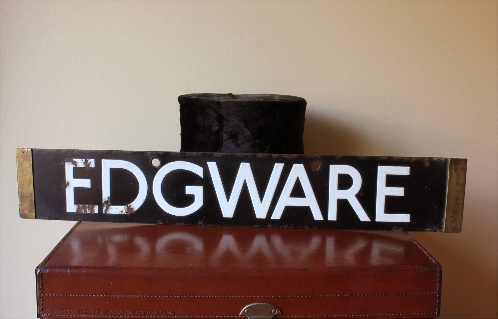 Antique Edgware & Kennington Enamel Tube Train Sign. London Underground. photo furniture