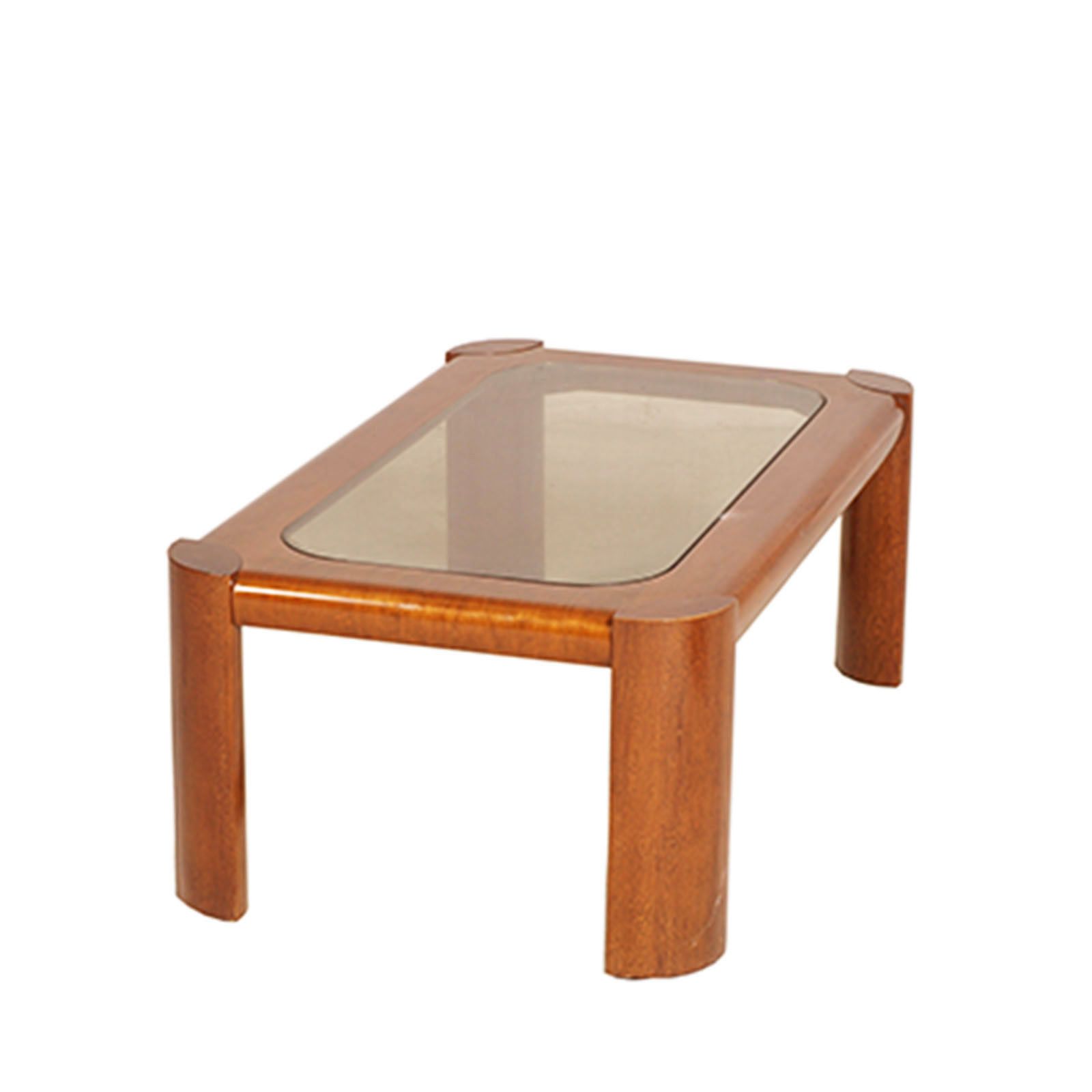 Cassina Coffee Table From The 1970s In Teak Wood With Bronzed Smoked Glass.