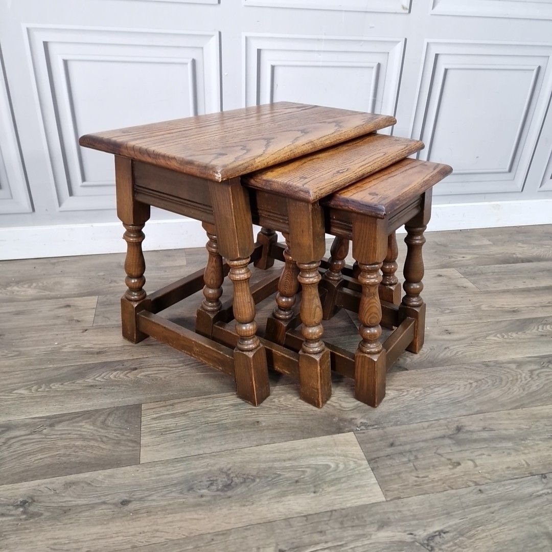 Vintage Old Charm Solid Oak Nest Of Tables Wood Bros – Wooden Jointing Side