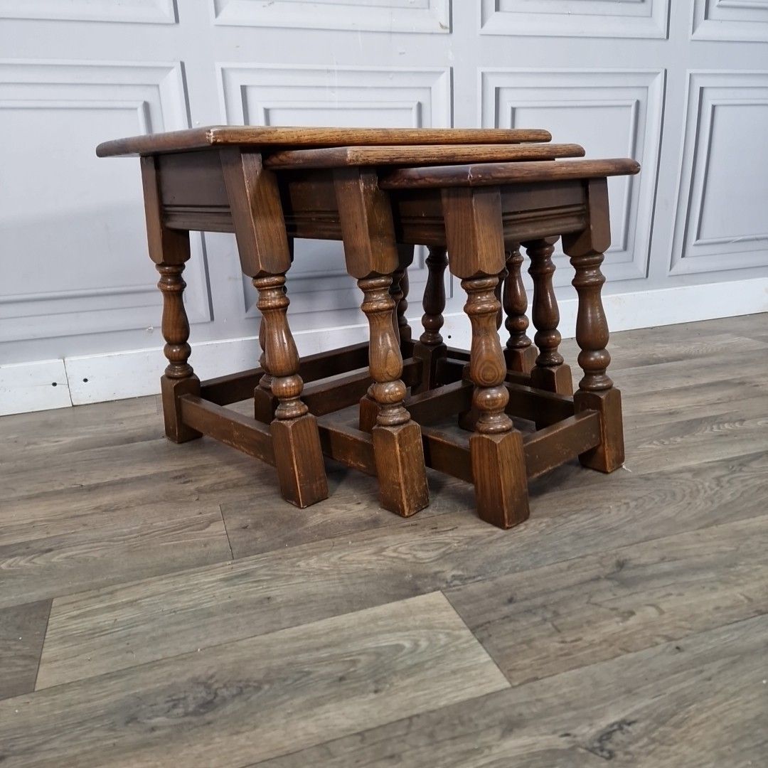 Vintage Old Charm Solid Oak Nest Of Tables Wood Bros – Wooden Jointing Side photo for sale