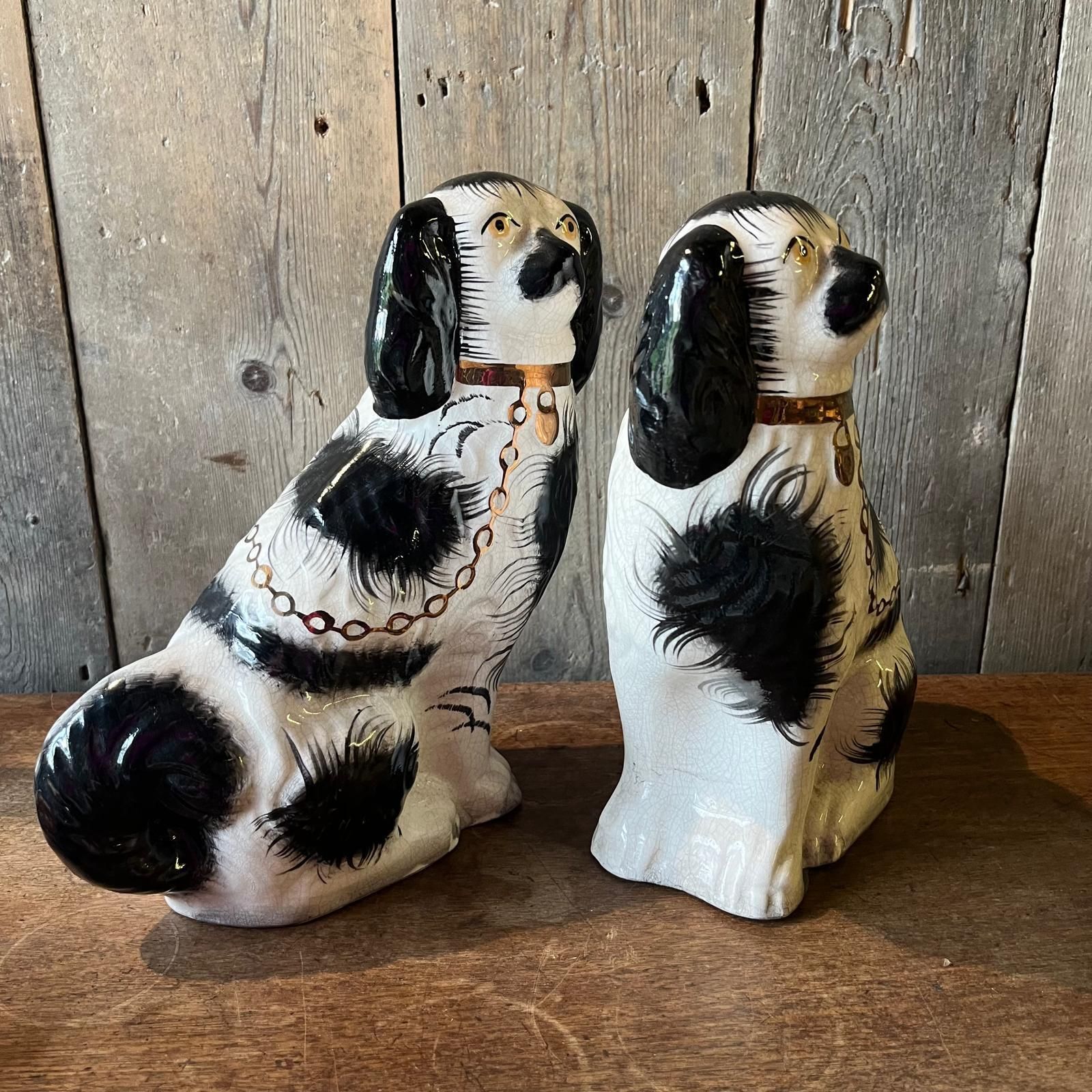 Pair Of Staffordshire Black Spotted Spaniel Ceramic Dogs photo Art
