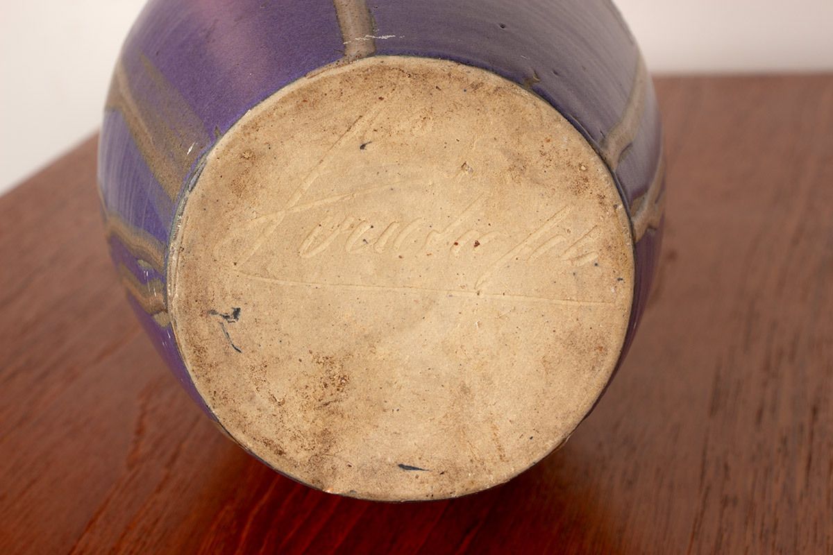 photo for sale Grand vase Art déco en céramique émaillée violette par Léon Pointu, Grès de Puisaye, 1920.
