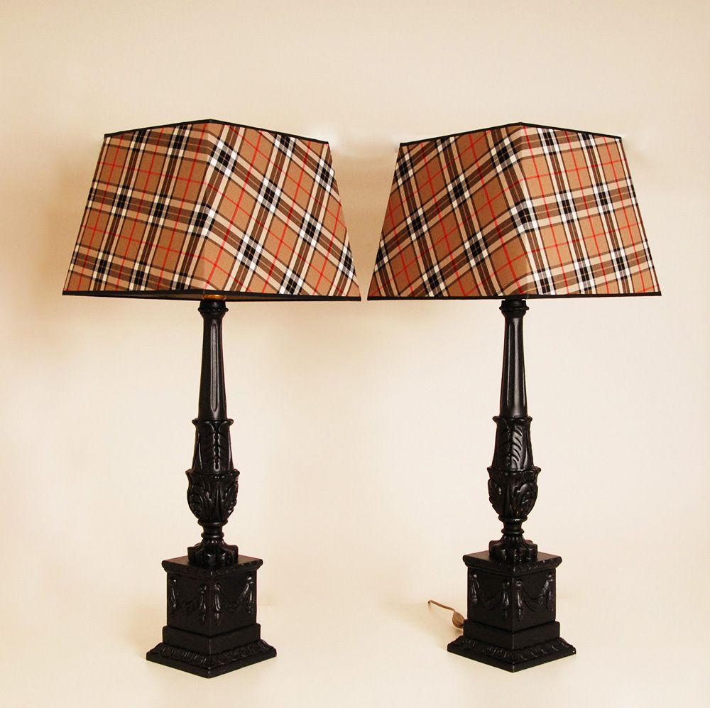 French Table Lamps With Black Tartan Lampshades, 1980s, Set Of 2 photo for sale