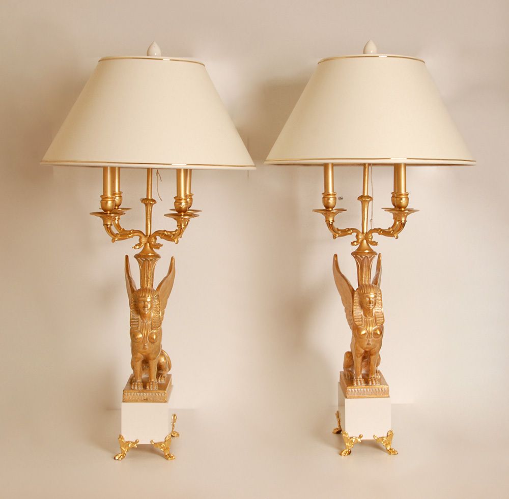Egyptian Revival Empire Style Bouilotte Lamps With Sphinxes In Gilt Wood And Marble, 1980s, Set Of 2 photo furniture