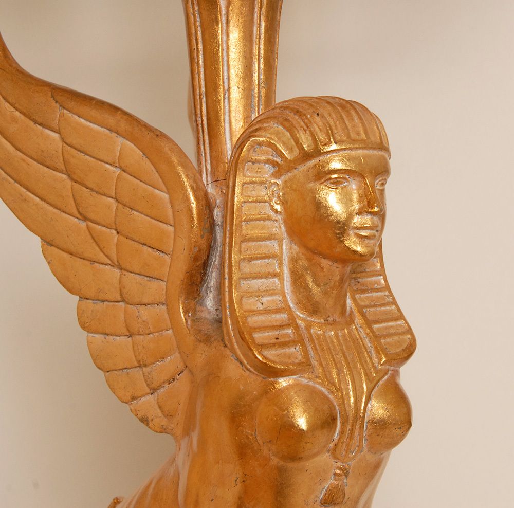 Egyptian Revival Empire Style Bouilotte Lamps With Sphinxes In Gilt Wood And Marble, 1980s, Set Of 2 photo for sale
