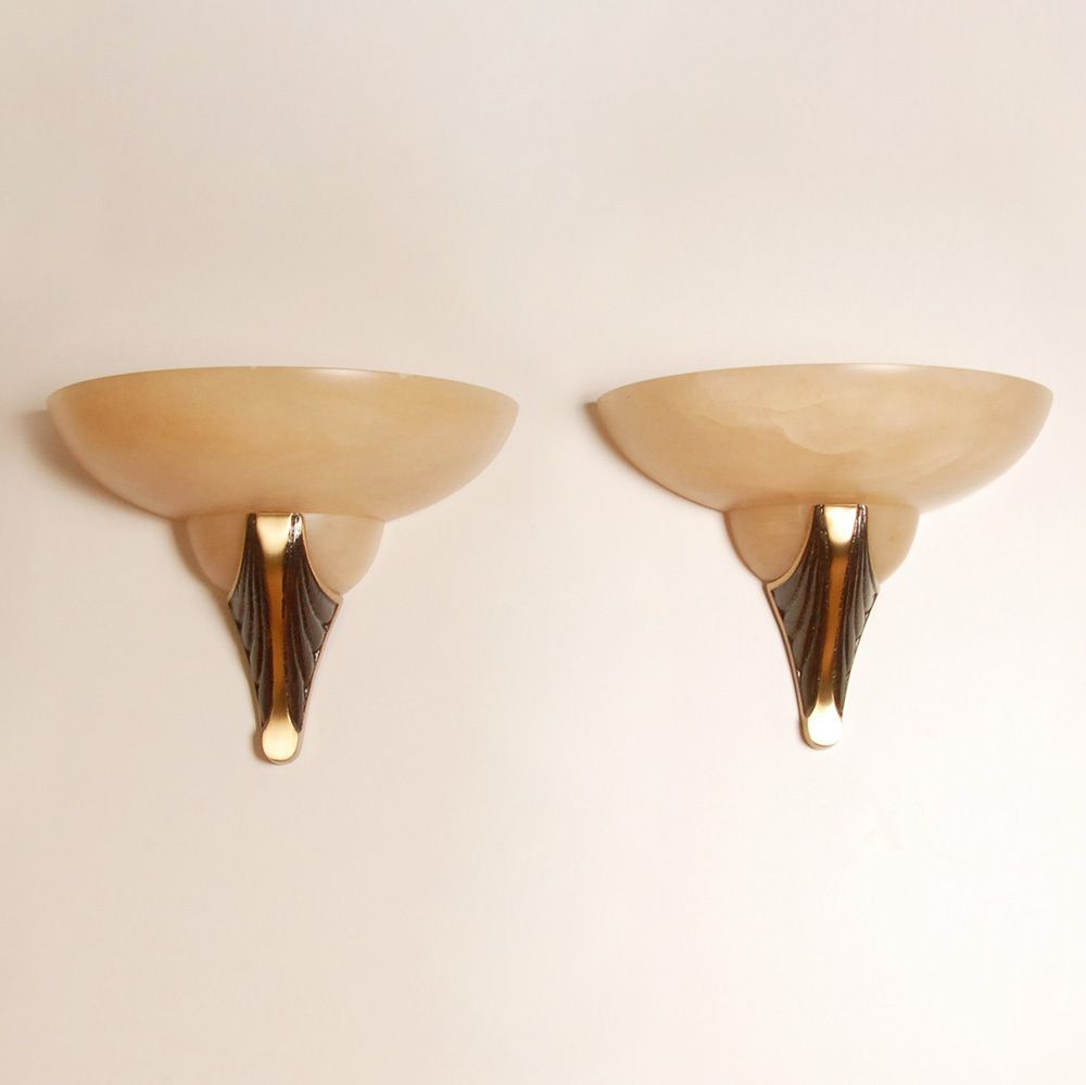 Mid Century Revival Art Deco Style Wall Lamps In Marble, Alabaster And Bronze From Maitland Smith, 1970s, Set Of 2 photo for sale