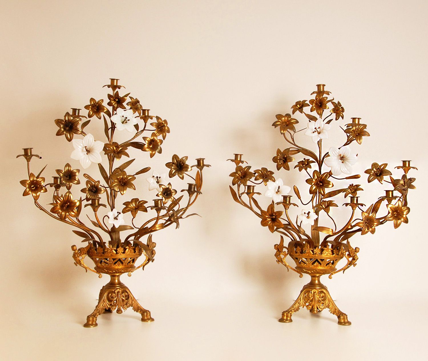French Church Candelabra In Gold Bronze And Brass White Opaline Glass Flowers, 1890s, Set Of 2