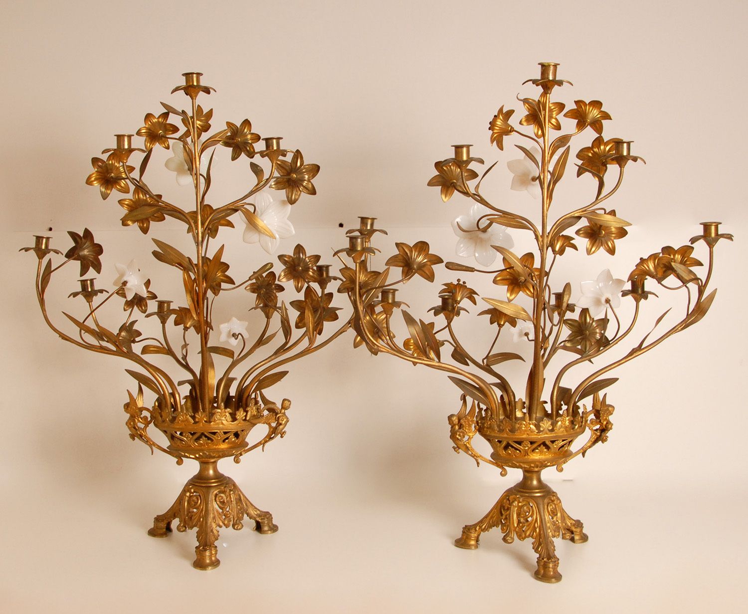 French Church Candelabra In Gold Bronze And Brass White Opaline Glass Flowers, 1890s, Set Of 2 photo for sale