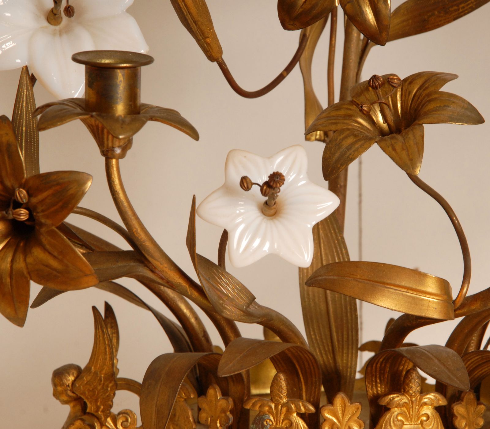 French Church Candelabra In Gold Bronze And Brass White Opaline Glass Flowers, 1890s, Set Of 2 photo vintage