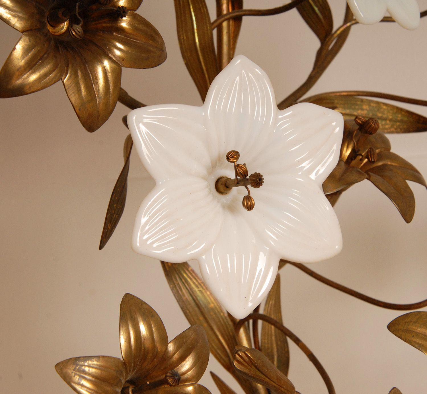 photo furniture French Church Candelabra In Gold Bronze And Brass White Opaline Glass Flowers, 1890s, Set Of 2