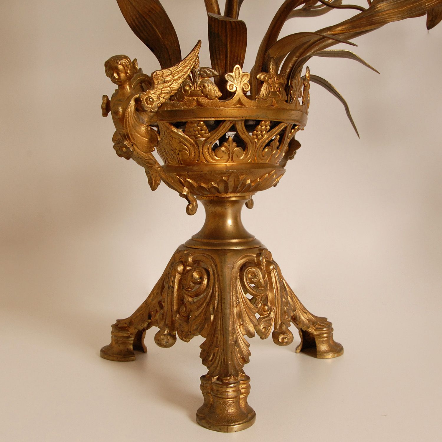 photo for sale French Church Candelabra In Gold Bronze And Brass White Opaline Glass Flowers, 1890s, Set Of 2