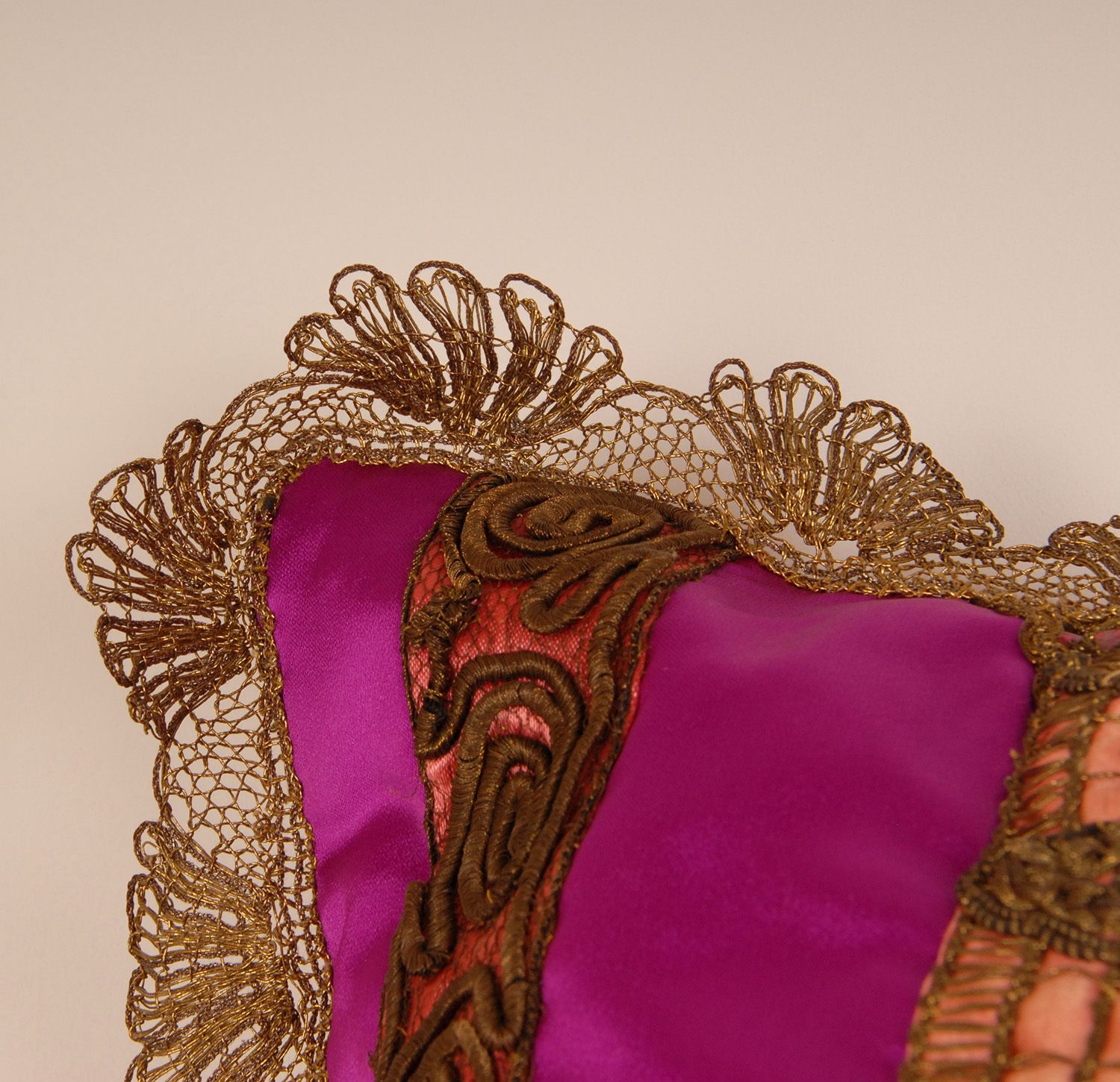 Napoleonic Empire Cushion Cannetille Metallic Embroidery Gold Thread French Silk Cushion Cover In Magenta photo Textiles