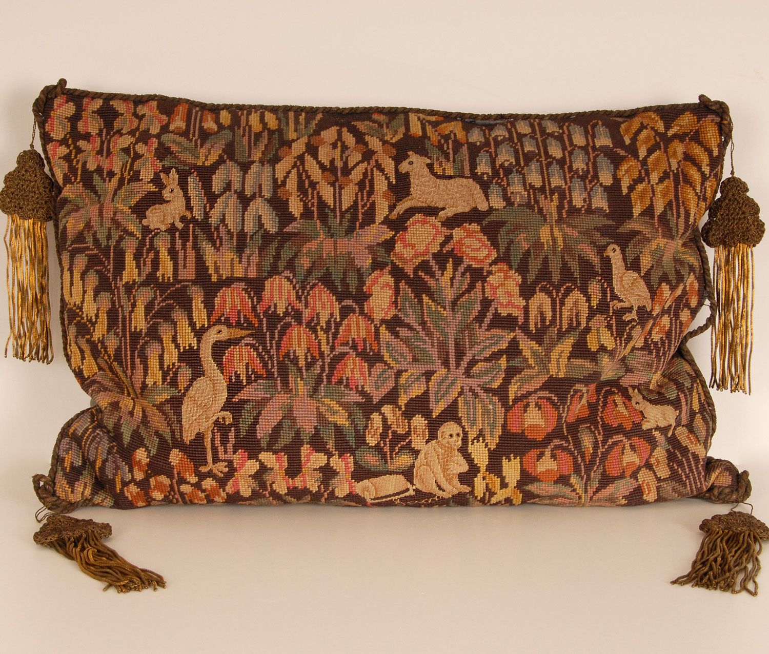 19th Century Flemish Tapestry Neo Renaissance Pillow Cushion Allegorical Millefleurs Animals