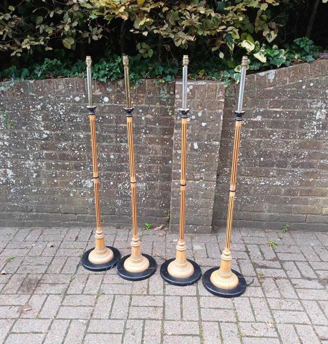 Vintage Wooden Floor Lamp Bases, Set Of 4, Retro Mid Century Tall Column Lamps, Art Decor Revival