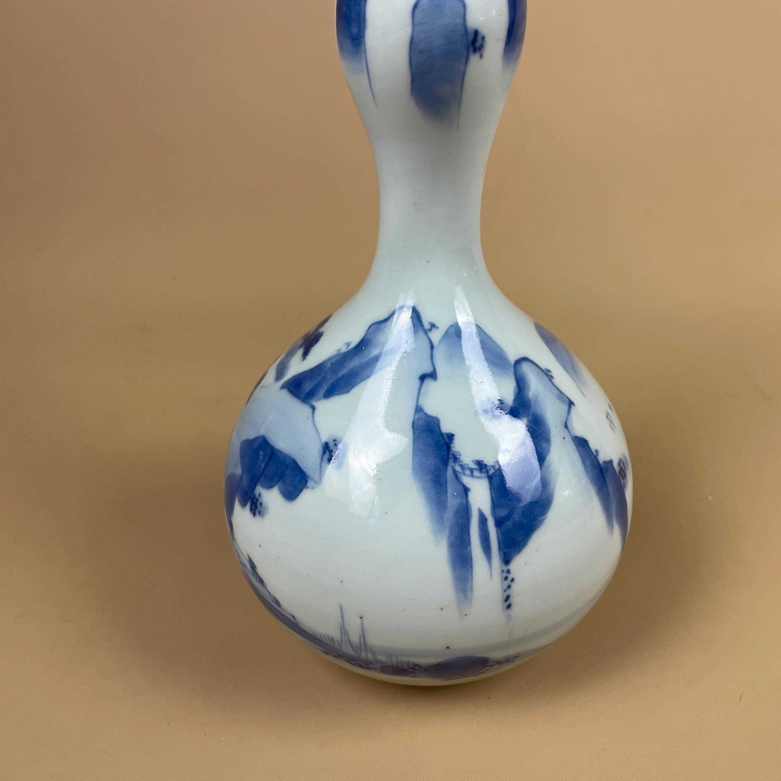 Vintage Japanese Vase Hand Painted Blue & White Decorative Ceramic Pot Thin Neck Table Windowsill Display Indoor Oriental Asian Scenic photo for sale