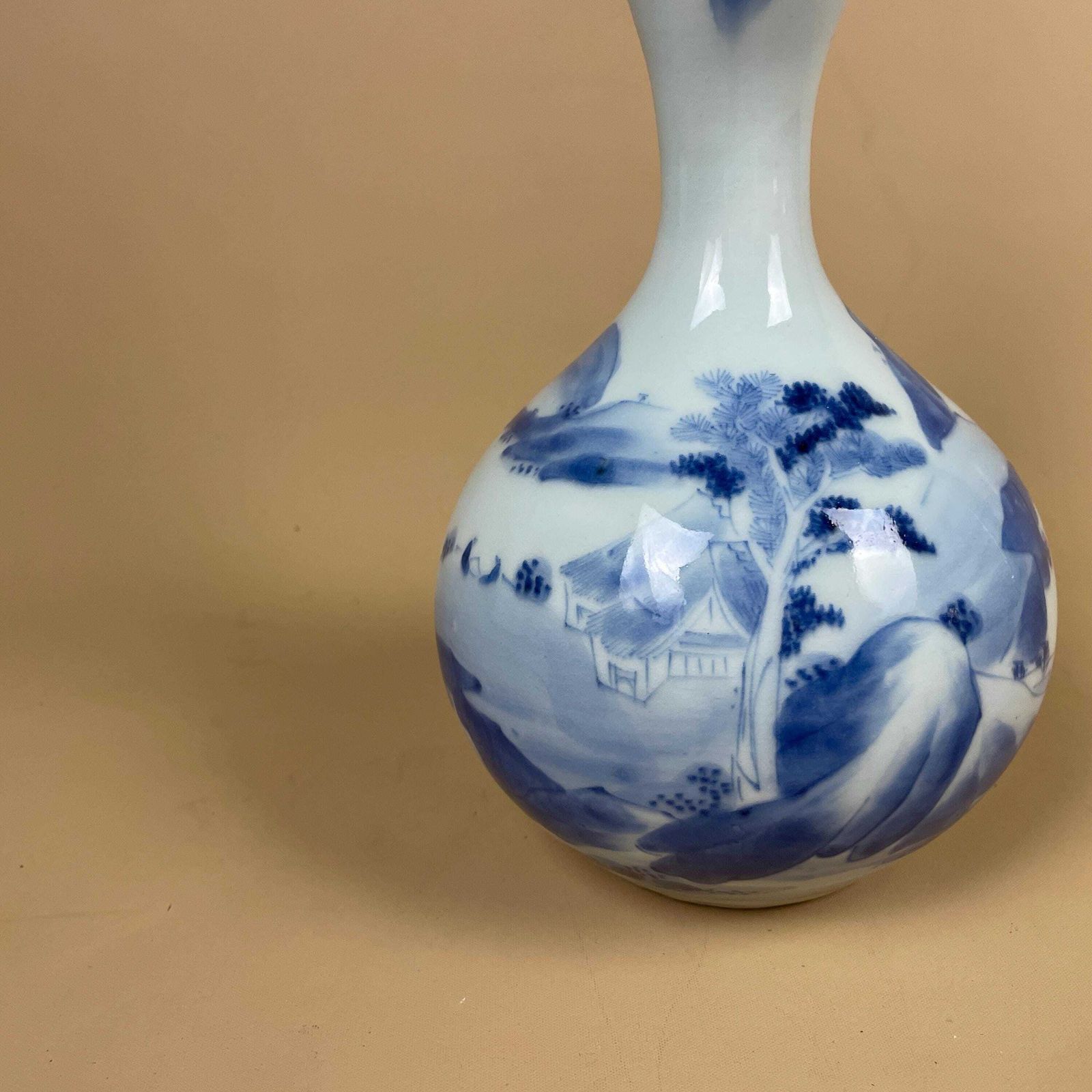 Vintage Japanese Vase Hand Painted Blue & White Decorative Ceramic Pot Thin Neck Table Windowsill Display Indoor Oriental Asian Scenic photo vinterior