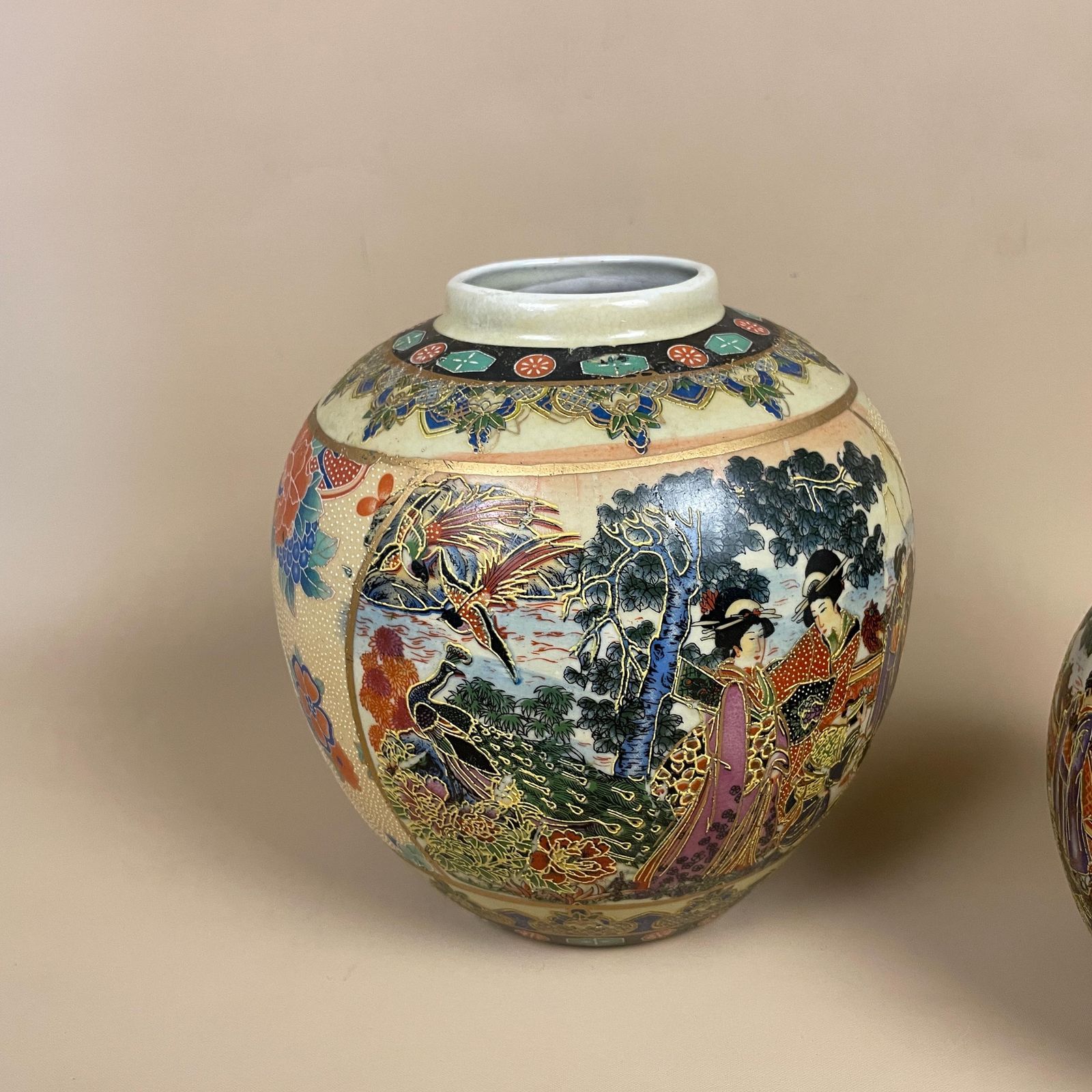 Set Of Two Pots Hand Painted Floral Motif Geisha Chinese Oriental Ceramic Vases Decorative Set Mantle Ends Yellow Home Decor photo furniture