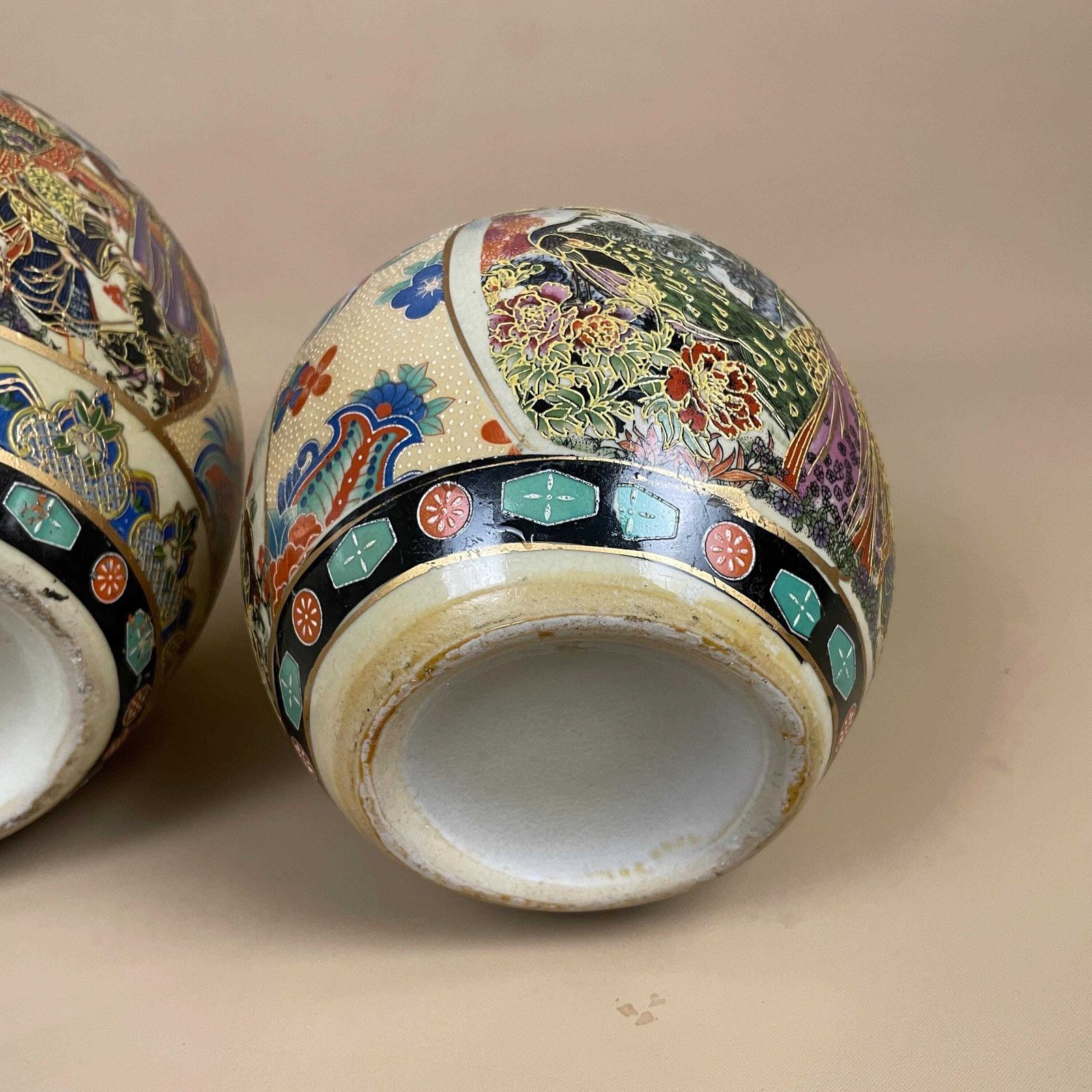 Set Of Two Pots Hand Painted Floral Motif Geisha Chinese Oriental Ceramic Vases Decorative Set Mantle Ends Yellow Home Decor photo buy