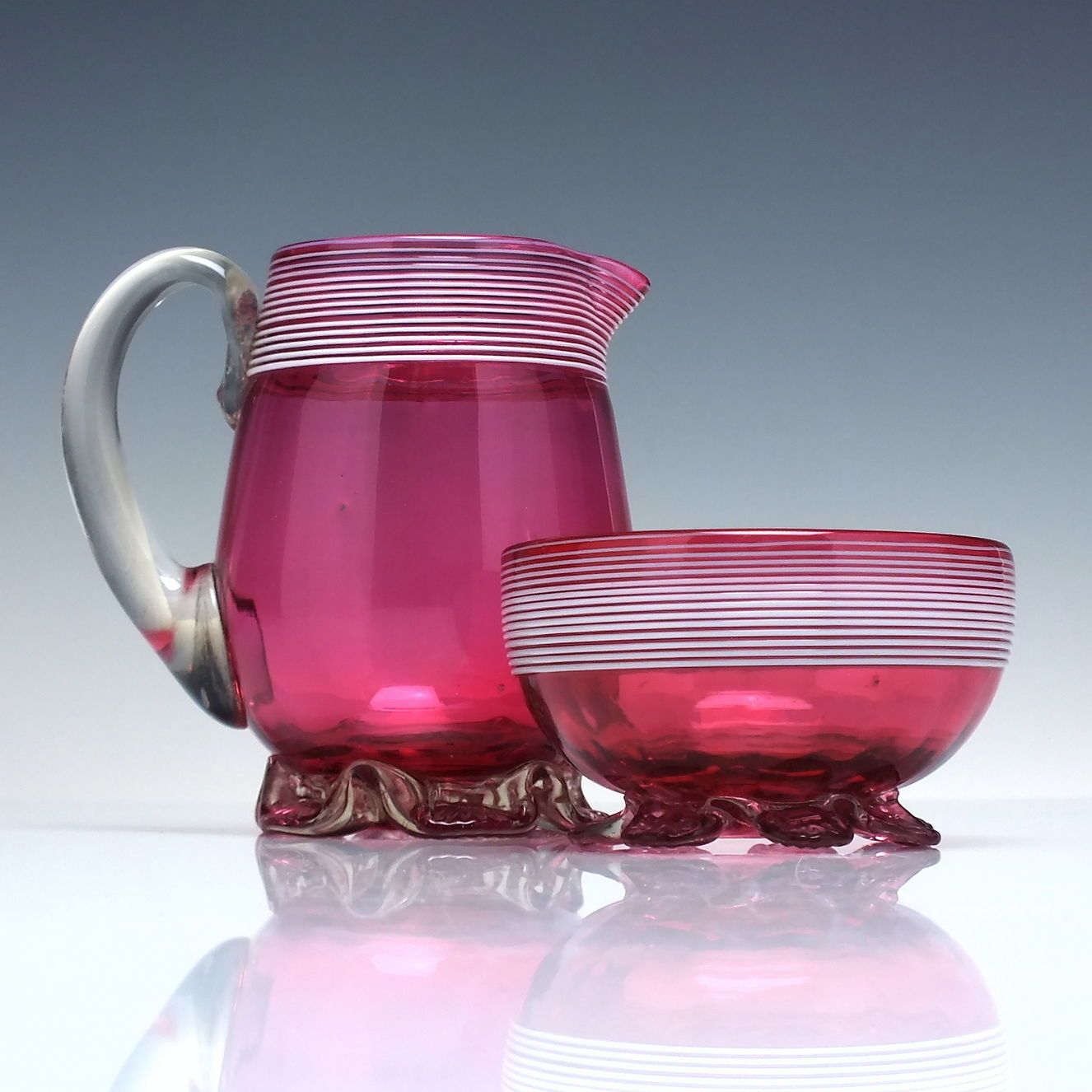 Victorian Cranberry Threaded Glass Milk And Sugar Bowl C1880