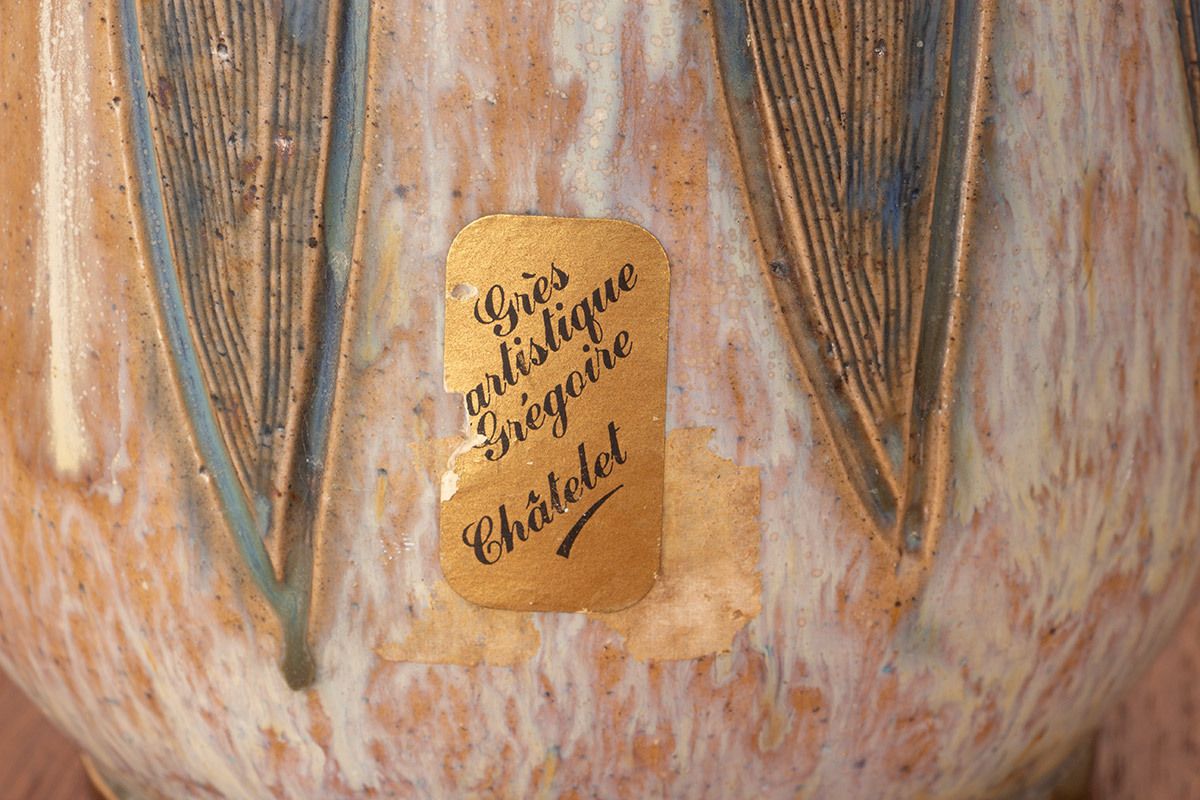 Vase Art déco en céramique émaillée, vert et gris, par Edouard Grégoire. photo Décoration