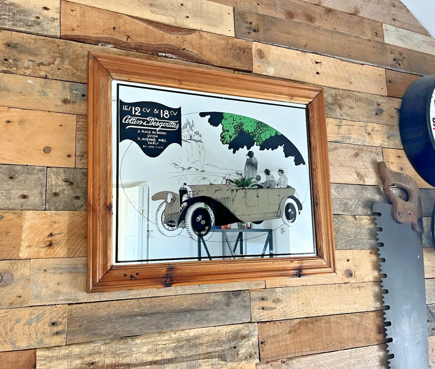 Large Vintage Cottin & Desgouttes French Car Advertising Lyon Pub Picture Mirror photo for sale